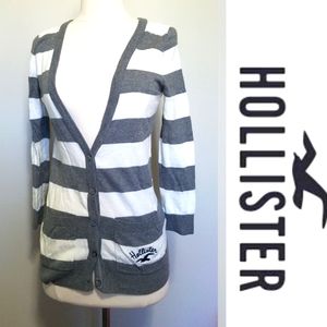 Hollister Spring Grey White Stripped Button Down Womens MED Cardigan Sweater EUC